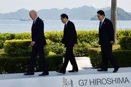 U.S. President Joe Biden, Japan’s Prime Minister Kishida Fumio, and South Korea’s President Yoon Suk-yeol on the day of trilateral engagement during the G7 Summit in Hiroshima, Japan, on May 21, 2023.