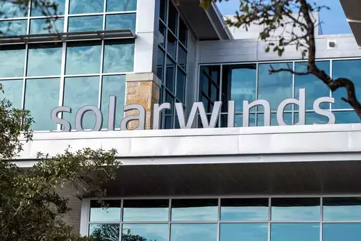 The SolarWinds logo is seen outside its headquarters in Austin, Texas, U.S., December 18, 2020.