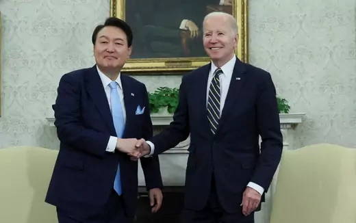 U.S. President Joe Biden and South Korean President Yoon Suk-yeol shake hands as they meet in the Oval Office of the White House on April 26, 2023.