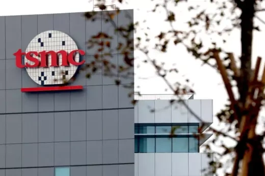 The logo of Taiwan Semiconductor Manufacturing Company (TSMC) is seen from the Southern Taiwan Science Park in Tainan, Taiwan.