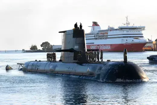 Royal Australian Navy submarine HMAS Sheean arrives in Devonport on April 22, 2021 in Tasmania, Australia.