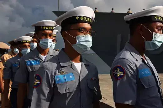 Sailors in the Republic of China Navy walk to position at a navy base in the Penghu Islands, Taiwan, on August 30, 2022.