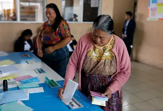 A woman votes at a polling station during the first round of Guatemala's presidential election, in San Pedro Sacatepequez, Guatemala, June 16, 2019.