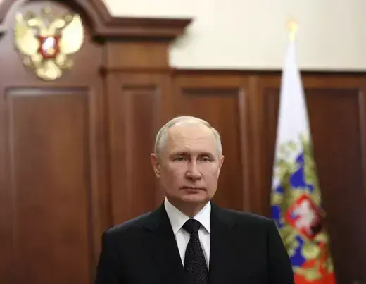 Russian President Vladimir Putin gives an emergency televised address in Moscow, Russia on June 24, 2023.