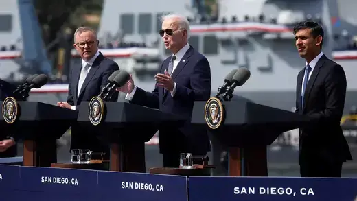 U.S. President Joe Biden, Australian Prime Minister Anthony Albanese, and British Prime Minister Rishi Sunak deliver remarks in San Diego, CA.
