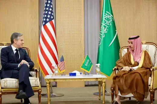 U.S. Secretary of State Antony Blinken sits across from Saudi Arabia's Foreign Minister Prince Faisal bin Farhan, in Riyadh, Saudi Arabia.