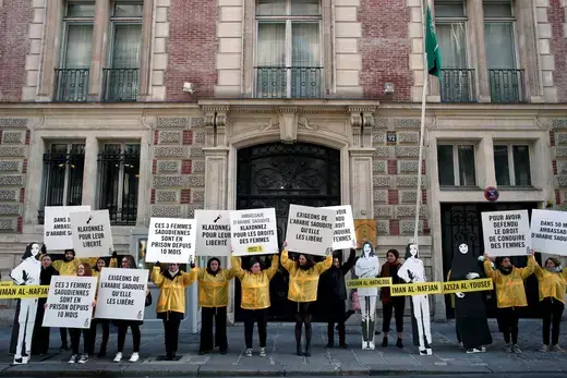 Demonstrators from Amnesty International protest outside the Saudi Arabian Embassy in Paris, France, March 8, 2019.