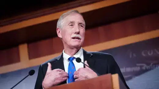 Senator Angus King speaks during a news conference.