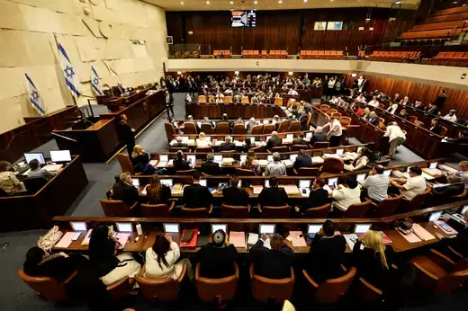 Israeli lawmakers gather at the Knesset plenum to vote on the judicial overhaul bill in Jerusalem.