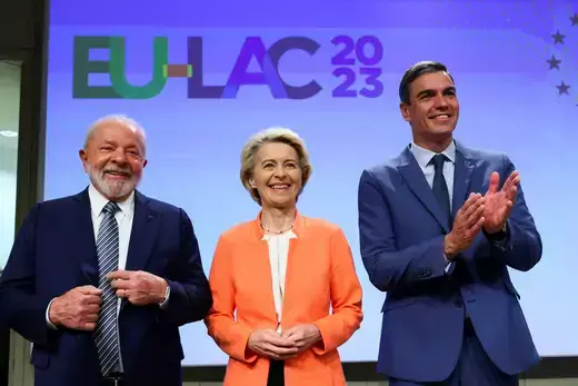 Brazil’s President Luiz Inácio Lula da Silva, European Commission President Ursula von der Leyen and Spain’s Prime Minister Pedro Sánchez attend an opening speech at the EU-LAC 2023 Business Round Table in Brussels, Belgium, July 17, 2023.