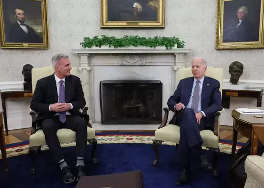 U.S. President Joe Biden holds debt limit talks with House Speaker McCarthy at the White House in Washington.