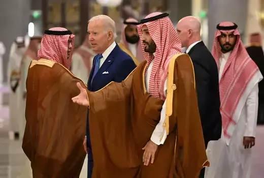 U.S. President Joe Biden and Saudi Crown Prince Mohammed bin Salman arrive for the Gulf Cooperation Council meeting at a hotel in Jeddah, Saudi Arabia on July 16, 2022.