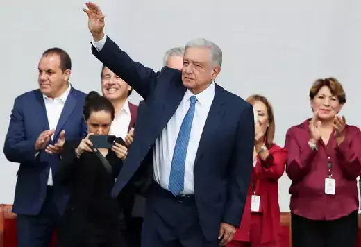 Mexican President Andres Manuel Lopez Obrador gestures during an event at the Zocalo square to mark the fifth anniversary of his election victory in Mexico City, Mexico on July 1, 2023.