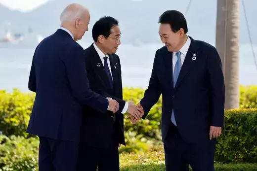 U.S. President Joe Biden, Japan's Prime Minister Fumio Kishida, and South Korea’s President Yoon Suk Yeol on the day of trilateral engagement during the G7 Summit in Hiroshima, Japan, on May 21, 2023.