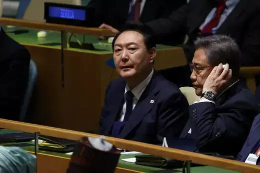 South Korean President Yoon Suk Yeol and Foreign Minister Park Jin listen to leaders' speeches during the first day of the 77th Session of the United Nations General Assembly on September 20, 2022.