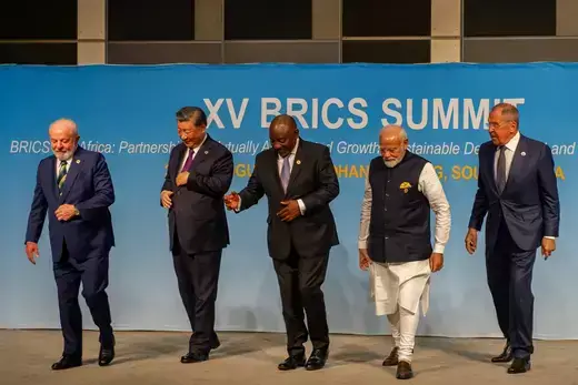 Leaders of BRICS nations meet during the most recent BRICS Summit in Johannesburg.