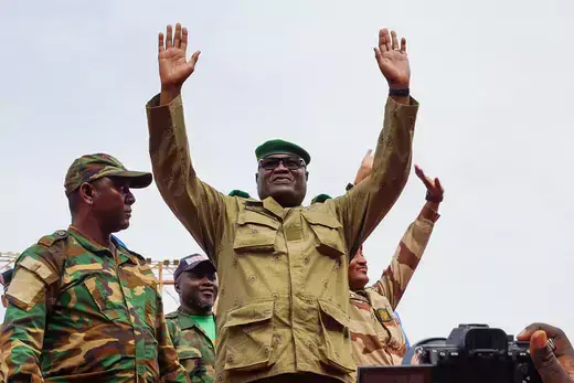 In green military fatigues, junta member Mohamed Toumba attends a demonstration of coup supporters in Niamey, Niger on August 6, 2023.