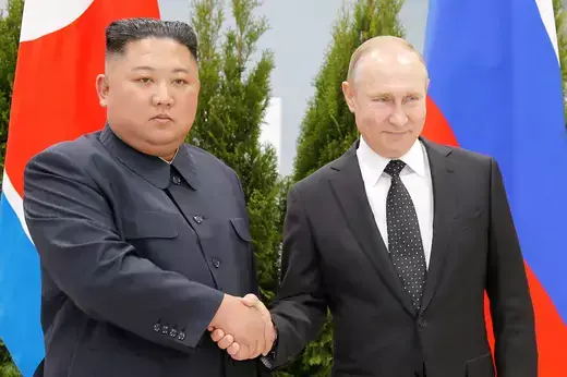 Russian President Vladimir Putin greets North Korean Leader Kim Jong-un before a meeting on April 25, 2019 in Vladivostok, Russia. 