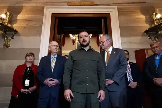 Ukrainian President Volodymyr Zelenskyy speaks to reporters briefly following a meeting with Senate Minority Leader Mitch McConnell and Senate Majority Leader Charles Schumer on September 21, 2023 in Washington, DC