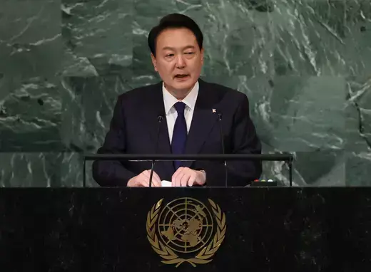South Korea's President Yoon Suk Yeol addresses the 77th Session of the United Nations General Assembly at the U.N. Headquarters in New York City on September 20, 2022.