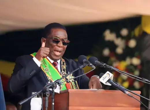 Zimbabwe President Emmerson Mnangagwa speaks during his inauguration at the National Sports Stadium in Harare, Zimbabwe on September 4, 2023.