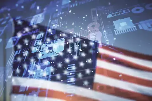 A double exposure of an abstract creative programming illustration on the U.S. flag