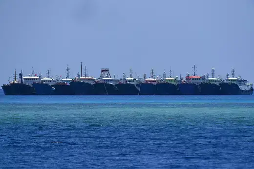Chinese vessels are moored at Whitsun Reef in the Spratly Islands.