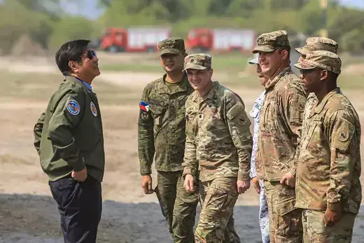 Philippine President Ferdinand Marcos Jr. meets with Philippine and American soldiers at a naval base in San Miguel, Zambales, Philippines.