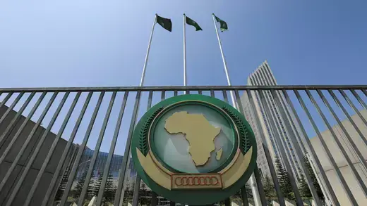 The African Union logo is seen outside the AU headquarters building in Addis Ababa, Nov. 2021.
