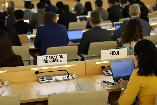 The empty seat for the representative of Russia during the Human Rights Council special session on Ukraine in Geneva, Switzerland on May 12, 2022.