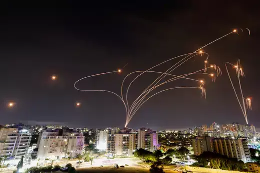 Israel's Iron Dome anti-missile system intercepts rockets launched from the Gaza Strip on October 9, 2023.