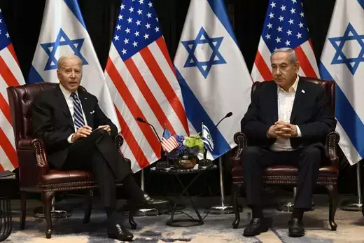 U.S. President Joe Biden meets with Israeli Prime Minister Benjamin Netanyahu in Tel Aviv on October 18, 2023.