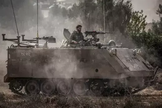 An Israeli armored personnel carrier near the Gaza-Israel border on October 31, 2023.