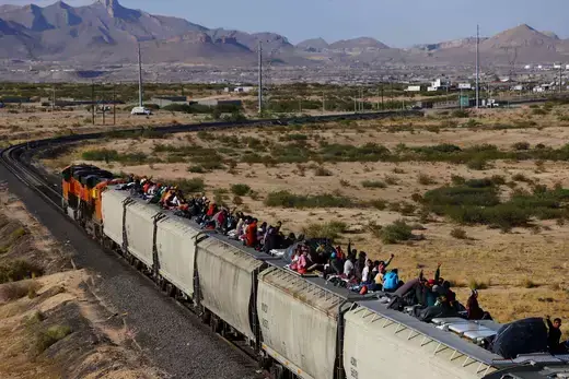 Migrants, mostly from Venezuela, travel on a train with the intention of reaching the United States, in Ciudad Juarez, Mexico, October 6, 2023.