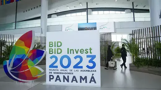 A sign promotes the IDB Board of Governors meeting in Panama City, Panama, in March 2023.