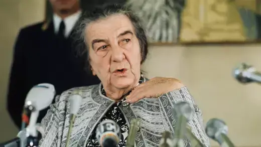 Former Israeli Prime Minister Golda Meir speaking at a press conference in 1973.