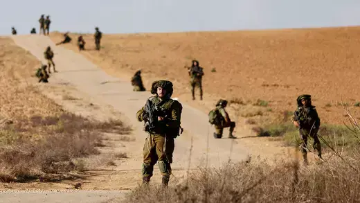 Israeli soldiers patrol an area near Israel’s border with the Gaza Strip.