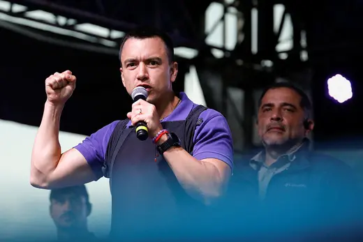 Ecuadorean presidential candidate Daniel Noboa Azín speaks during a political rally.