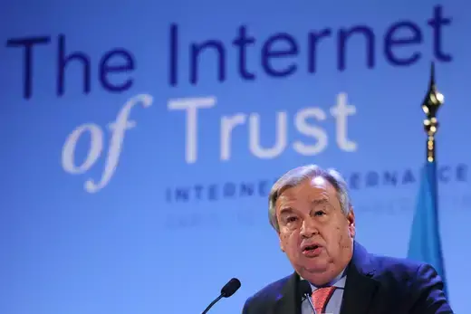 UN Secretary-General António Guterres delivers a speech during the opening session of the Internet Governance Forum (IGF) at the UNESCO headquarters in Paris, France.