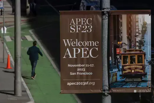 A sign advertising the upcoming APEC (Asia-Pacific Economic Cooperation) Summit in see as the city prepares to host leaders from the Asia-Pacific region in San Francisco, California