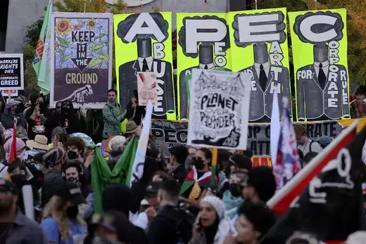 Protesters as viewed holding anti-APEC signs.