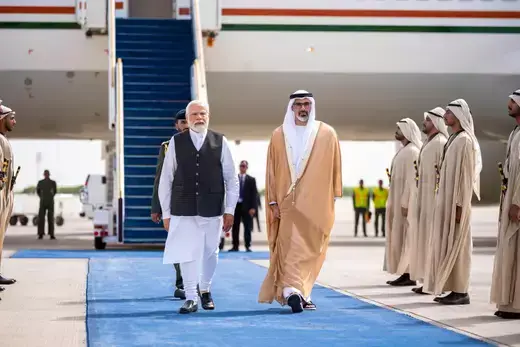 Sheikh Khaled bin Mohamed bin Zayed Al Nahyan, Crown Prince of Abu Dhabi, walks with Indian Prime Minister Narendra Modi during his official visit to Abu Dhabi on July 15, 2023.