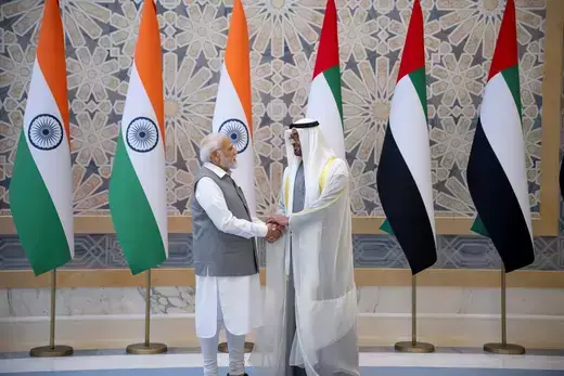 UAE President Sheikh Mohamed bin Zayed Al Nahyan and Indian Prime Minister Narendra Modi pose together for a photograph during an official visit reception in Abu Dhabi on July 15, 2023.