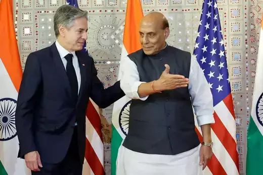 Indian Defense Minister Rajnath Singh gestures to U.S. Secretary of State Antony Blinken as they leave the 2+2 Dialogue in New Delhi.