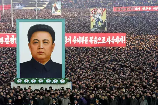 A crowd of millions of North Koreans gathers to hear political leaders announce the decision to withdraw from the Nuclear Nonproliferation Treaty in Pyongyang.