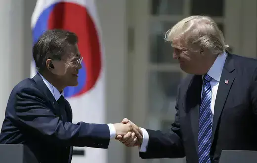U.S. President Donald Trump shakes hands with South Korean President Moon Jae-in prior to delivering a joint statement from the Rose Garden of the White House in Washington, DC.