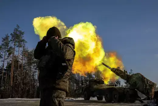 A Ukrainian artillery brigade fires a howitzer at Russian positions in the Donetsk region on December 16, 2023.