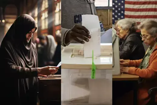 People from around the world casting ballots in elections. This image includes content generated by artificial intelligence.