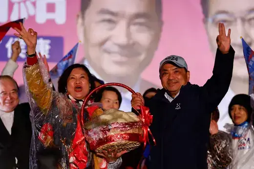 Kuomintang (KMT) presidential candidate Hou Yu-ih waves to supporters during a campaign event in New Taipei City, Taiwan.