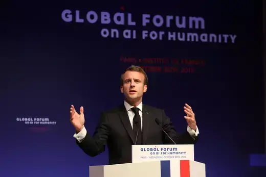 French President Emmanuel Macron delivers a speech during the Global Forum on Artificial Intelligence for Humanity (GFAIH) at the Institut de France in Paris, France on October 30, 2019.